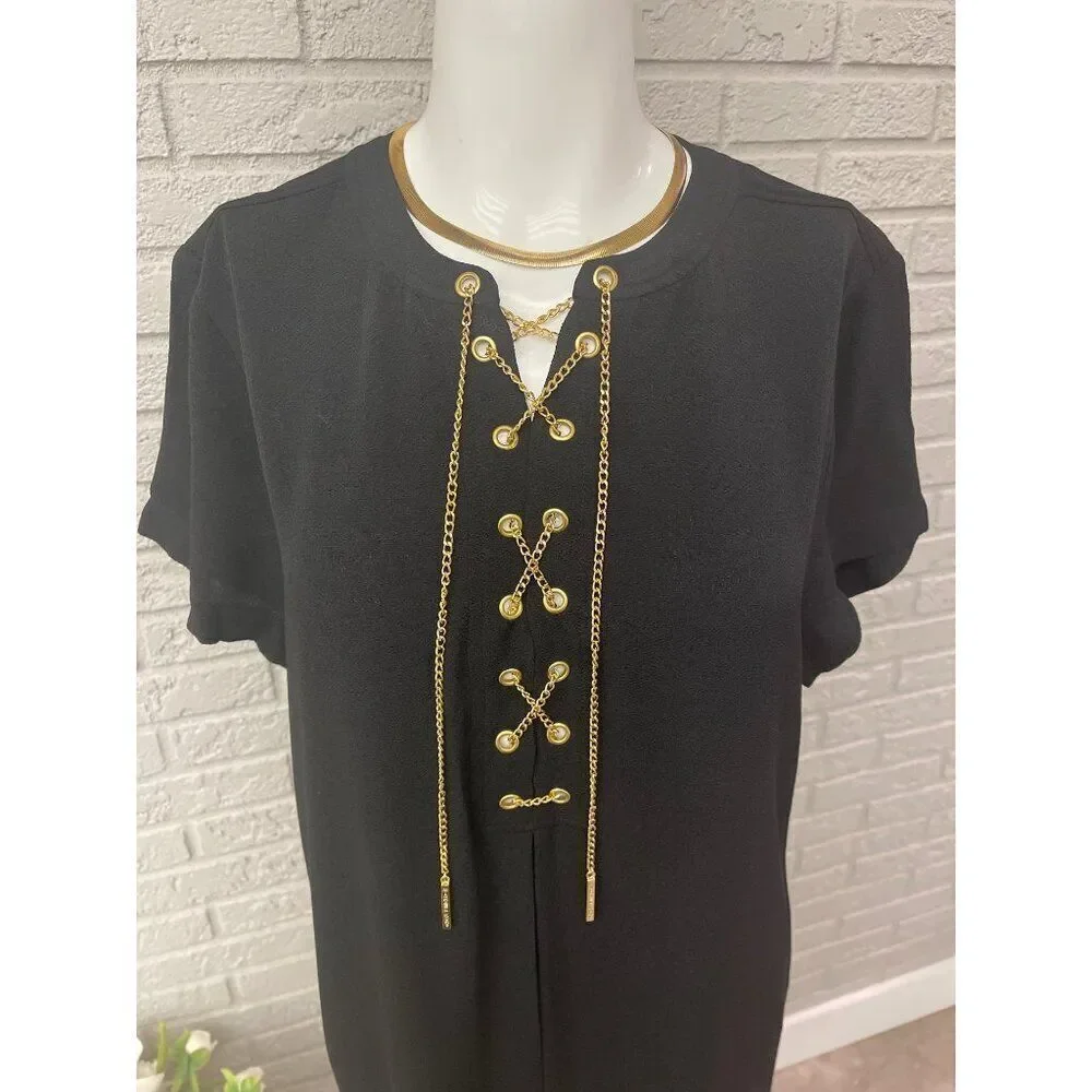 Michael Kors Women High / Low Gold Chain Lace - Up Shift Dress Size M